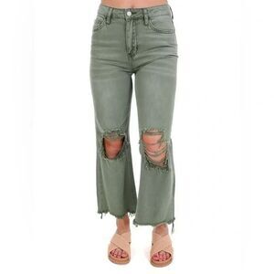 Vervet High Rise 90s Vintage Crop Flare Distressed Raw Chewed Hem Green 28